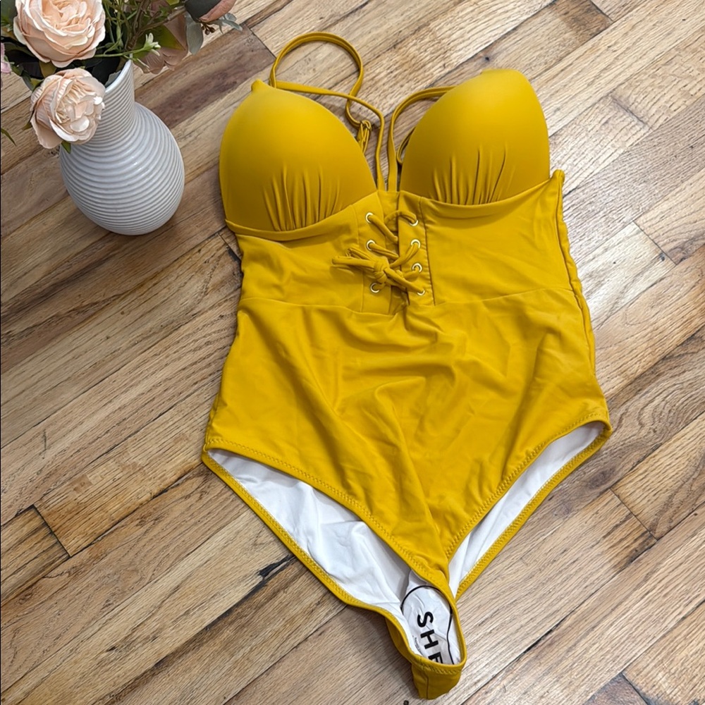 SHEIN Mustard Lace-Up Swimsuit